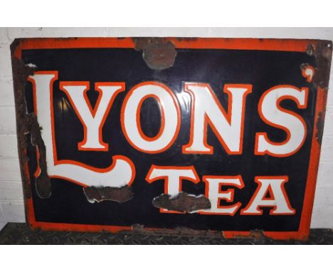AN EARLY 20TH CENTURY ENAMEL SIGN 'Lyons' Tea' with a domed front 19" high x 29.5" wide Note; older damage and sections of en