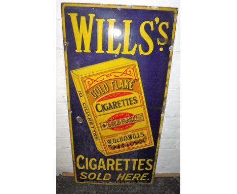 AN EARLY 20TH CENTURY ENAMEL SIGN 'Will's Cigarettes Sold Here' depicting a 'Will's Gold Flake Cigarette' packet in yellow wi