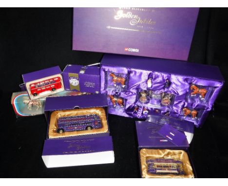 CORGI; QUEEN ELIZABETH II GOLDEN JUBILEE, A State Landau boxed set (CC 09901) with slip card cover, An open top tram (CC25206