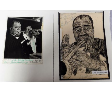LOUIS ARMSTRONG; A BLACK AND WHITE SIGNED PHOTO, signed in marker pen, and a signed ink portrait, in biro (2)