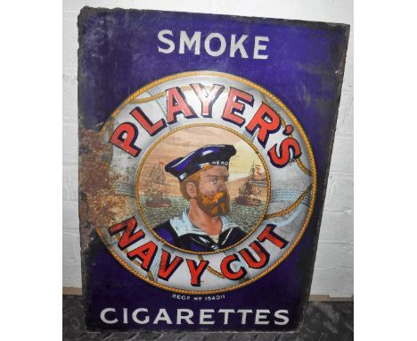 AN EARLY 20TH CENTURY DOUBLE SIDED ENAMEL SIGN 'Smoke Player's Navy Cut Cigarettes', depicting the Player's sailor on one sid