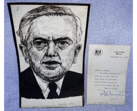 A COLLECTION OF SIGNED INK PORTRAITS OF BRITISH POLITICIANS; 'Harold Wilson' with letter from 10 Downing Street, 1967, 'Harol