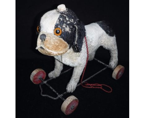 A STEIFF PULL-ALONG 'BULLY' BULLDOG, covered in black and white plush, with a swivel head and velvet muzzle. With 'STEIFF' me
