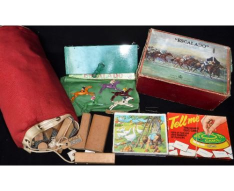 A CHAD VALLEY 'ESCALADO' GAME, boxed with painted metal horses, a 'Tell Me' quiz game, a set of children's blocks and a colle