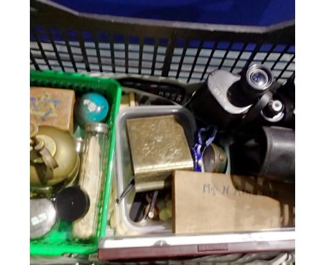 Tray of collectables including binoculars and compass. Not available for in-house P&amp;P 