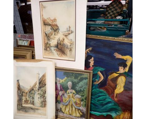 Three mixed pictures and a tapestry, including 2 gilt frames. Not available for in-house P&amp;P