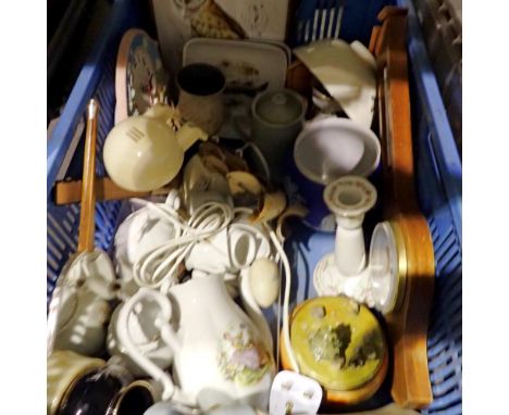 Box of mixed ceramics to include Wedgwood. All electrical items in this lot have been PAT tested for safety and have passed. 