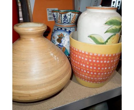 Four ceramic items to include an Ikea planter, Italian jug and two vases, largest H: 27 cm. Not available for in-house P&amp;