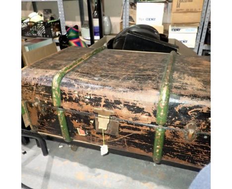Steamer trunk with leather side handles, W: 77cm. Not available for in-house P&amp;P