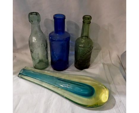 Italian art glass stem vase with three vintage glass bottles. Not available for in-house P&amp;P 