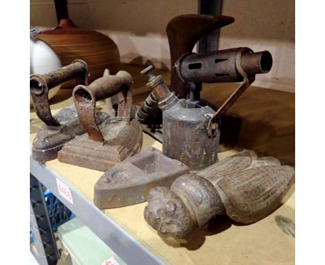 Mixed cast iron items to include shoe last, irons, blow lamp etc. Not available for in-house P&amp;P