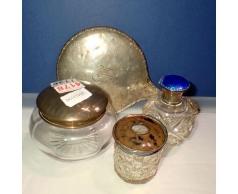 Hallmarked silver mounted glass jars and a silver backed mirror, all with faults. Not available for in-house P&amp;P