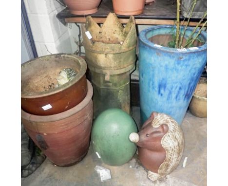 Eight garden ornaments including a large glazed planter, H: 70 cm. Not available for in-house P&amp;P