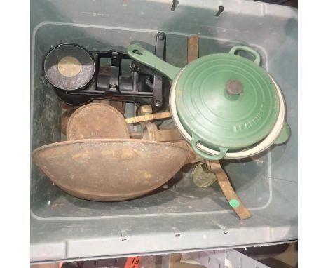 Two sets of vintage scales and Le Crueset pans. Not available for in-house P&amp;P 