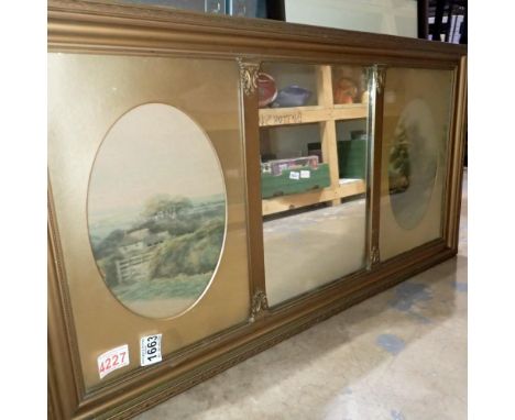 Three panel gilt framed mirror flanked by two watercolour landscapes set in gilt oval mounts, 85 x 44 cm. Not available for i