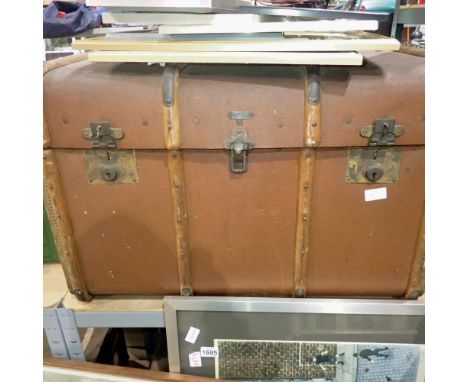 Vintage travel trunk containing mixed ephemera. Not available for in-house P&amp;P 