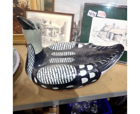 Large ceramic figure of a duck, indistinctly signed, L: 37 cm. Not available for in-house P&amp;P
