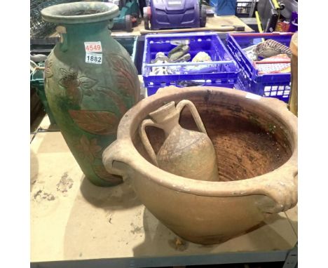 Two vases and a terracotta planter, largest H: 70 cm. Not available for in-house P&amp;P