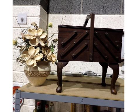 Cantilever sewing box on cabriole supports and a planter with faux flowers. Not available for in-house P&amp;P 