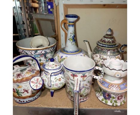 Ten pieces of hand painted Portuguese ceramics, teapot, planter, tankard. Not available for in-house P&amp;P