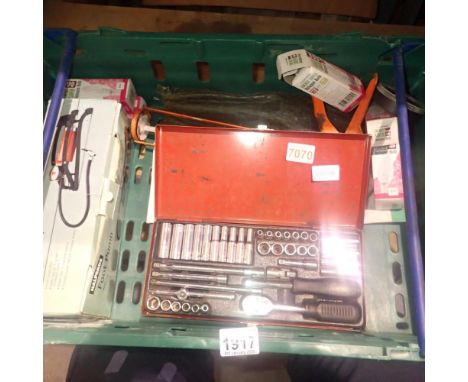 Mixed tools and accessories including a metal cased metric socket set, Halfords boxed foot pump &amp; light bulbs. Not availa