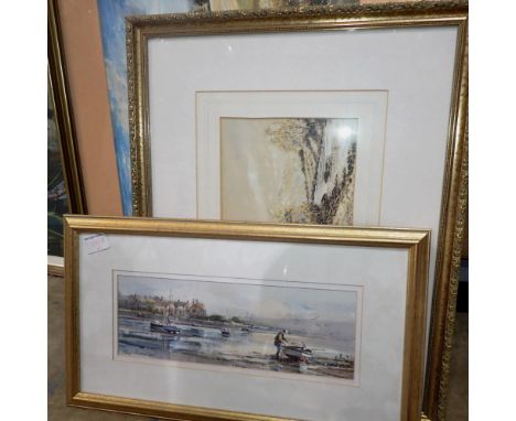 Three mixed sized framed prints and a lithograph. Not available for in-house P&amp;P 