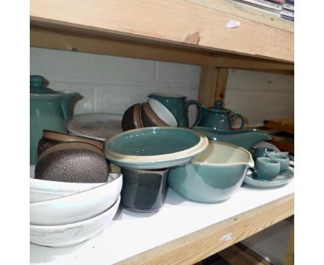 Shelf of assorted Denby ware. Not available for in-house P&amp;P 