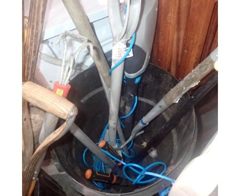 Bin of garden tools to include a Vax steam cleaner. Not available for inhouse P&amp;P. Bin not included. 