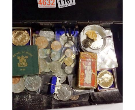 Vintage black metal box file with Commemorative coin and Stockport Council medals contents. Not available for in-house P&amp;