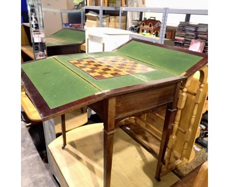 Mahogany folding console table on castors, 43 x 68 x 74cm H. Not available for in-house P&amp;P