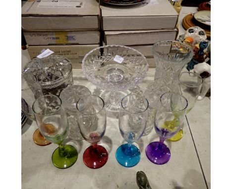 Crystal and glassware including a comport and a harlequin set of six prosecco glasses with coloured stems. Not available for 