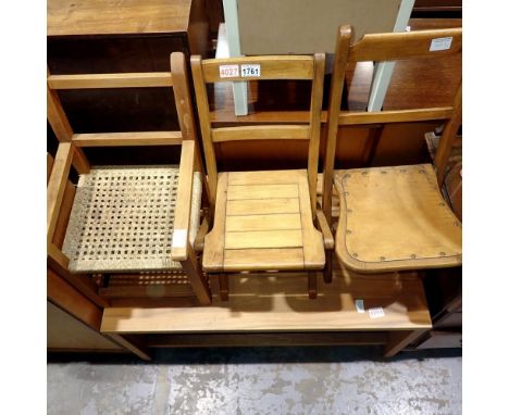Three vintage non matching childrens chairs, two folding examples and teak and rattan open arm chair. Not available for in-ho