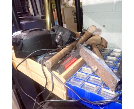 Shelf of mixed tools to include Bosch drill. All electrical items in this lot have been PAT tested for safety and have passed