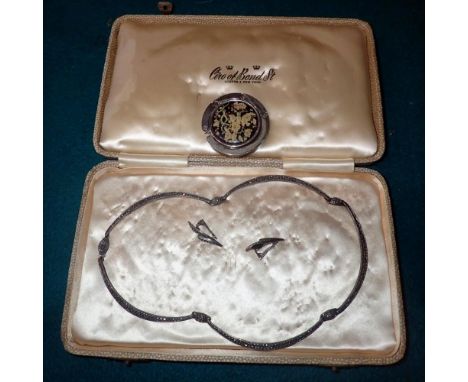 Silver and marcasite necklace and earrings in presentation box. UK P&amp;P Group 1 (£16+VAT for the first lot and £2+VAT for 