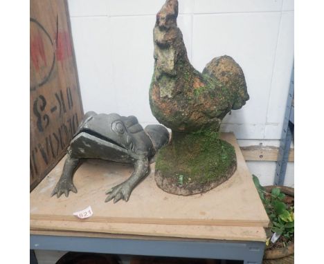 Two garden ornaments, a chicken and a frog, H: 43 cm. Not available for in-house P&amp;P