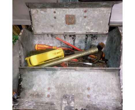 Vintage metal tool box including tools. Not available for in-house P&amp;P 