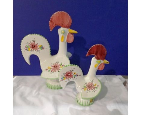 Two Portuguese ceramic cocks, largest H: 29 cm. Not available for in-house P&amp;P