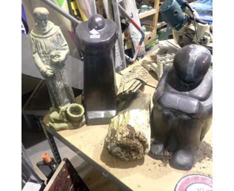 Four garden ornaments to include a chainsaw art owl, 70 cm. Not available for in-house P&amp;P