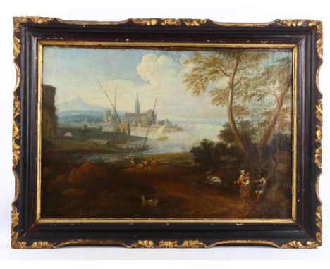 18th century Italian School, oil on canvas, figures in extensive coastal landscape, unsigned, 16" x 23", framedOne small old 