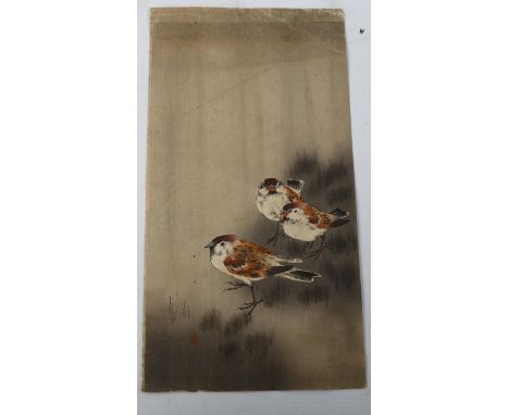 Koson (1887 - 1945), woodblock print, 3 sparrows in a spring shower, circa 1912, 36cm x 19cm, unframedSeveral creases, some l