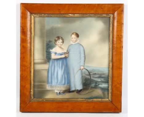 19th century coloured pastels, portrait of 2 children, unsigned, 23cm x 21cm, framedGood condition, giltwood mount slightly c