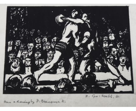 Harry George Webb (1882 - 1914) after Frank Brangwyn, woodblock print, boxing match, inscribed in pencil, image 15cm x 20cm, 