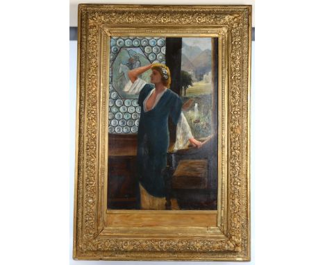 19th century oil on canvas, pre-Raphaelite style portrait of a woman by a window, unsigned, 80cm x 50cm, framedCanvas has bee