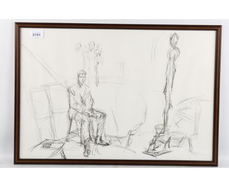 Alberto Giacometti (1901 - 1966), seated man and a sculpture, original lithograph 1961 from the edition issued unsigned for t
