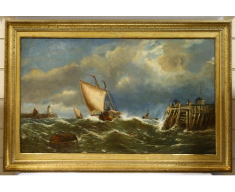 William Broome of Ramsgate, large 19th century oil on canvas, fishing boat approaching harbour in a storm, signed, 75cm x 127