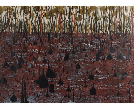 Angela Newberry, colour linocut print, Bushfire III, signed in pencil, no. 13/20, image 41cm x 56cm, framedGood condition 