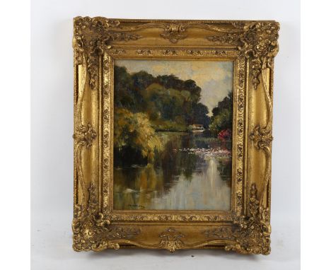 M Watling, oil on panel, view across a pond, signed, 25cm x 20cm, framedGood condition 