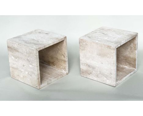 TRAVERTINE CUBE LAMP TABLES, a pair, square form, 38cm x 38cm x 38cm. (2) 