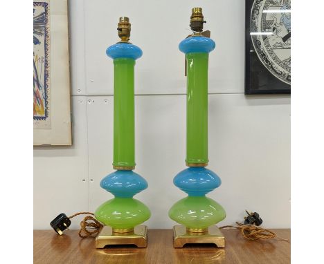 CENEDESE MURANO TABLE LAMPS, vintage blue and green opaline glass on brass bases, 56cm H. (2) 