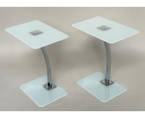 LAMP/OCCASIONAL TABLES, a pair, rectangular frosted glass with shaped chrome centre support, 48cm W x 32cm D x 57cm H. (2) 